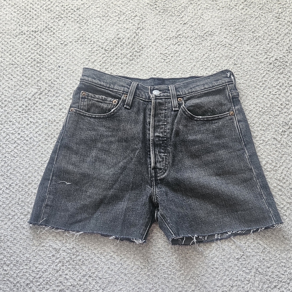 LEVI'S 501 Black Denim Shorts Cut Off Button Fly Cotton Blend Red Tab W26